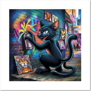 Sleek Black Cat Sprays Graffiti on Wall Posters and Art